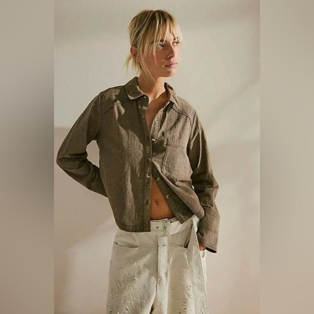 We The Free People Classic Oxford Button Top Crop Brown Neutral Anthropologie S